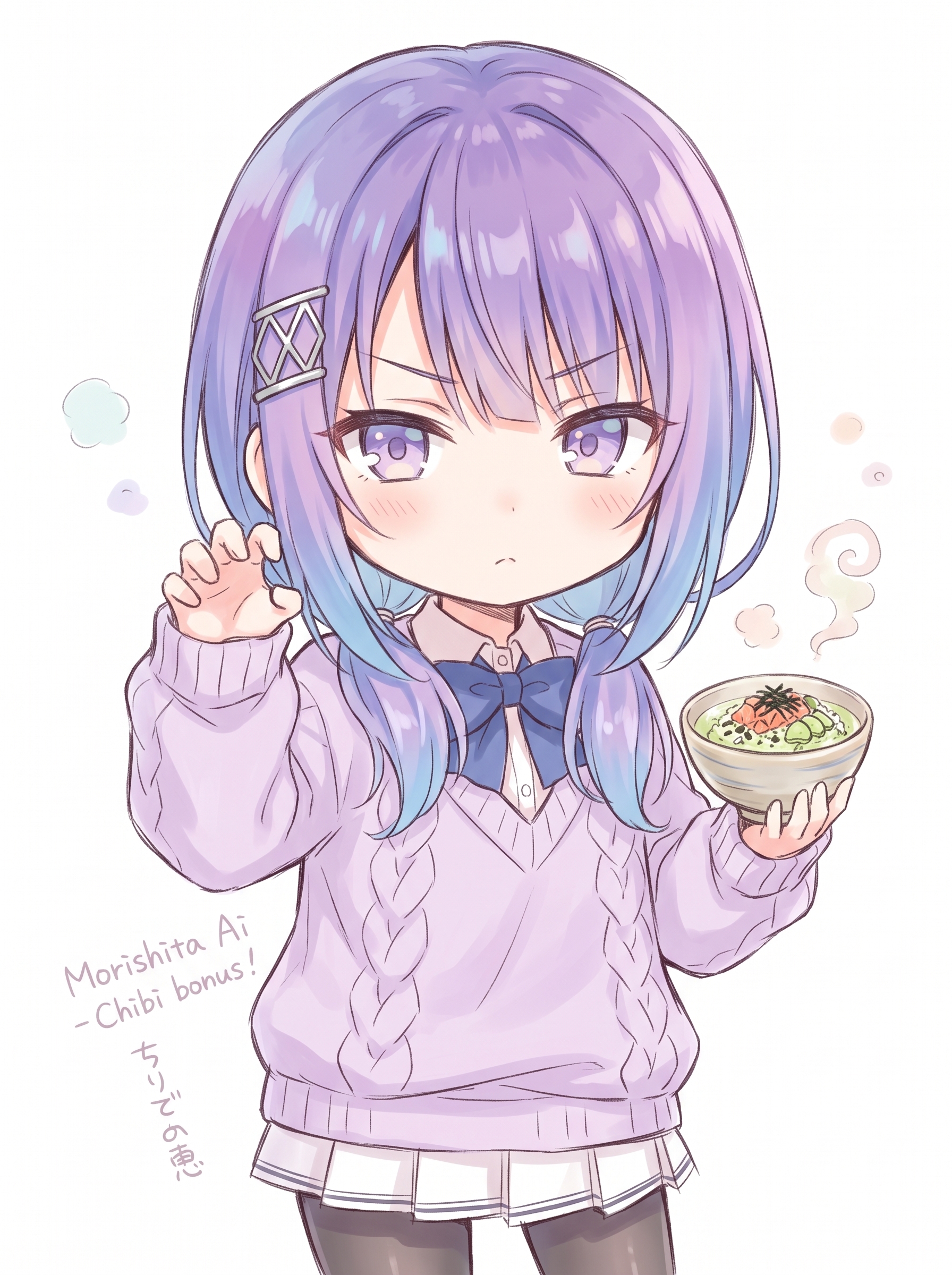 Ilustración chibi estilo Tomose Shunsaku de Morishita Ai con un cuenco humeante de ochazuke caliente y pose de artes marciales Ai-chan