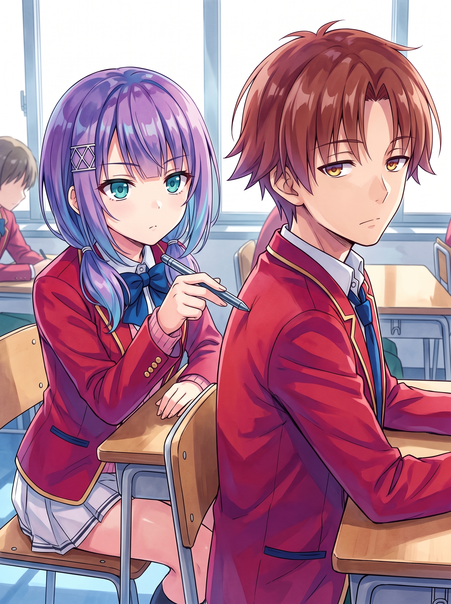 Primer plano de Morishita Ai con el lápiz táctil apuntando firmemente a la espalda de Kiyotaka Ayanokōji con expresión neutra y analítica en el salón de clases