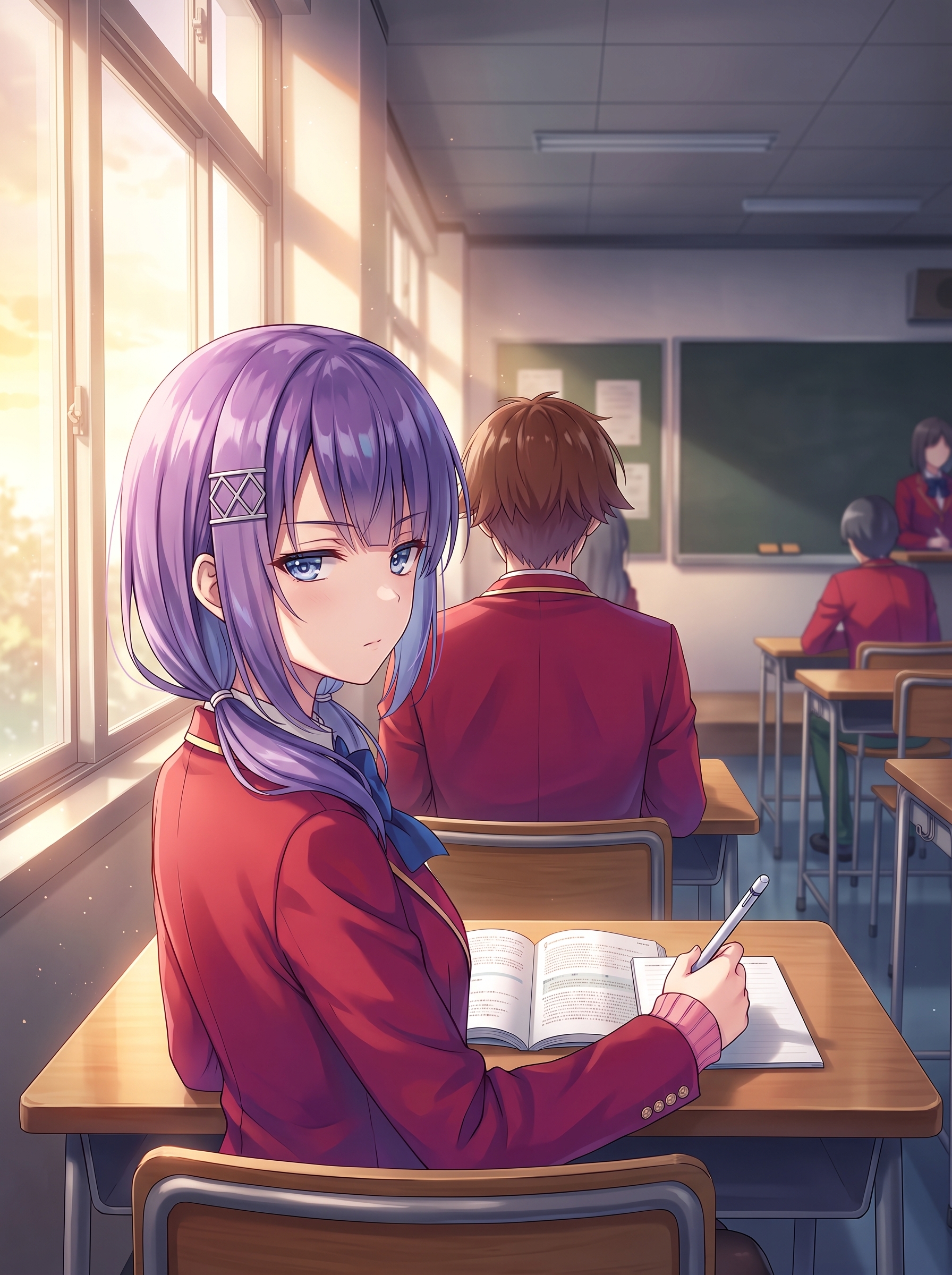 Morishita Ai sentada en el último pupitre junto a la ventana observando analíticamente la espalda de Kiyotaka Ayanokōji en el aula de la Clase 3-C de ANHS