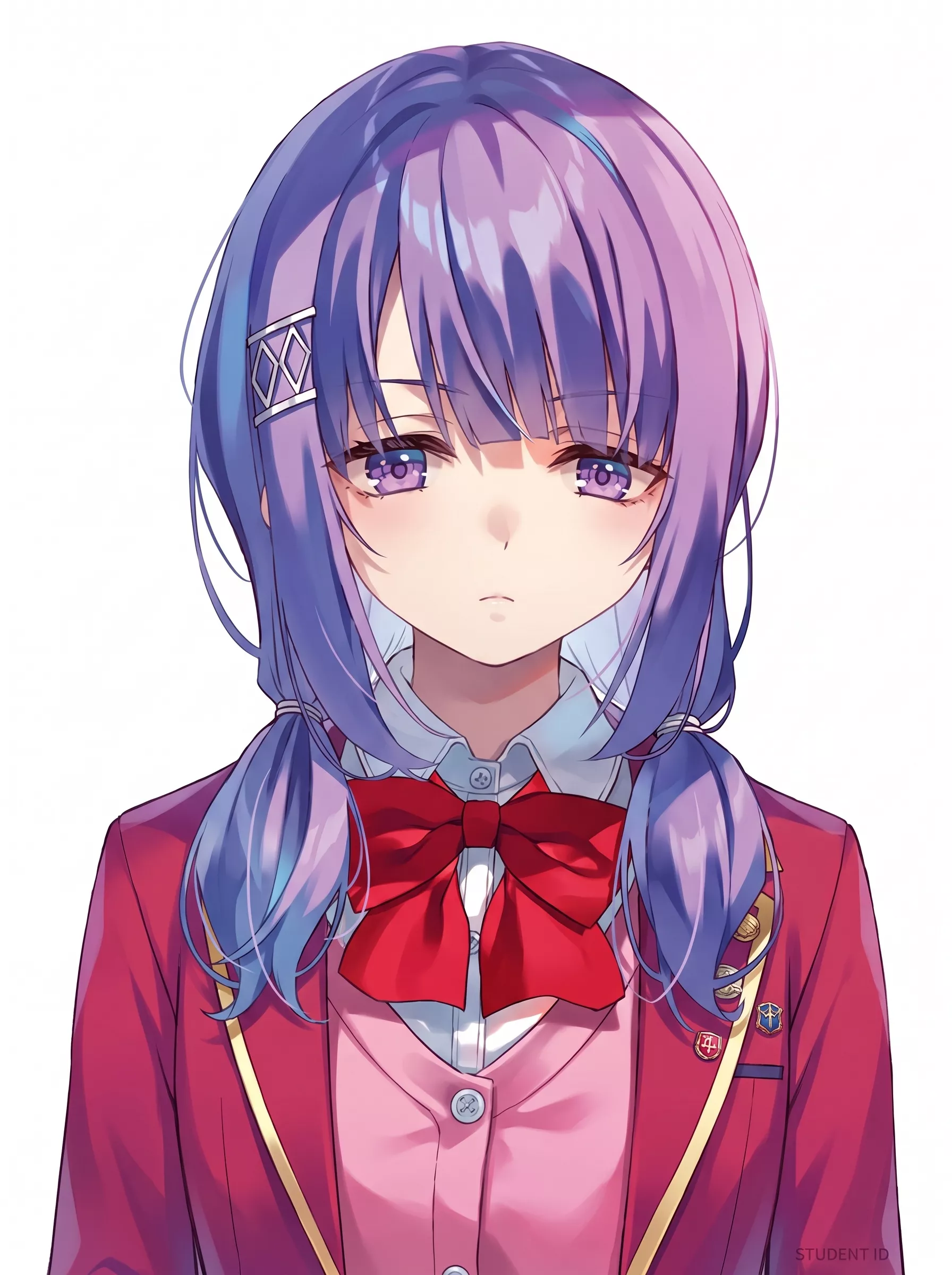 Retrato oficial de Morishita Ai de Classroom of the Elite vistiendo el uniforme escolar de la ANHS con expresión neutra y analítica